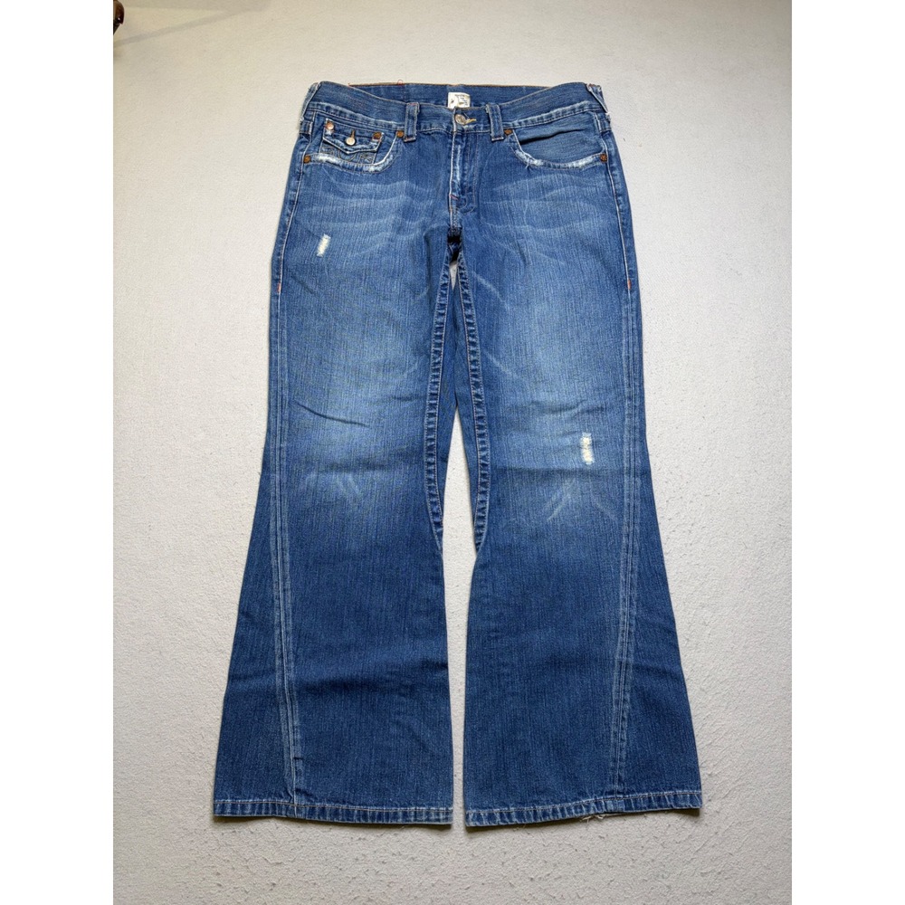True Religion Jeans Mens 36 Joey Blue Flare Leg Horseshoe Stitch Made in USA
